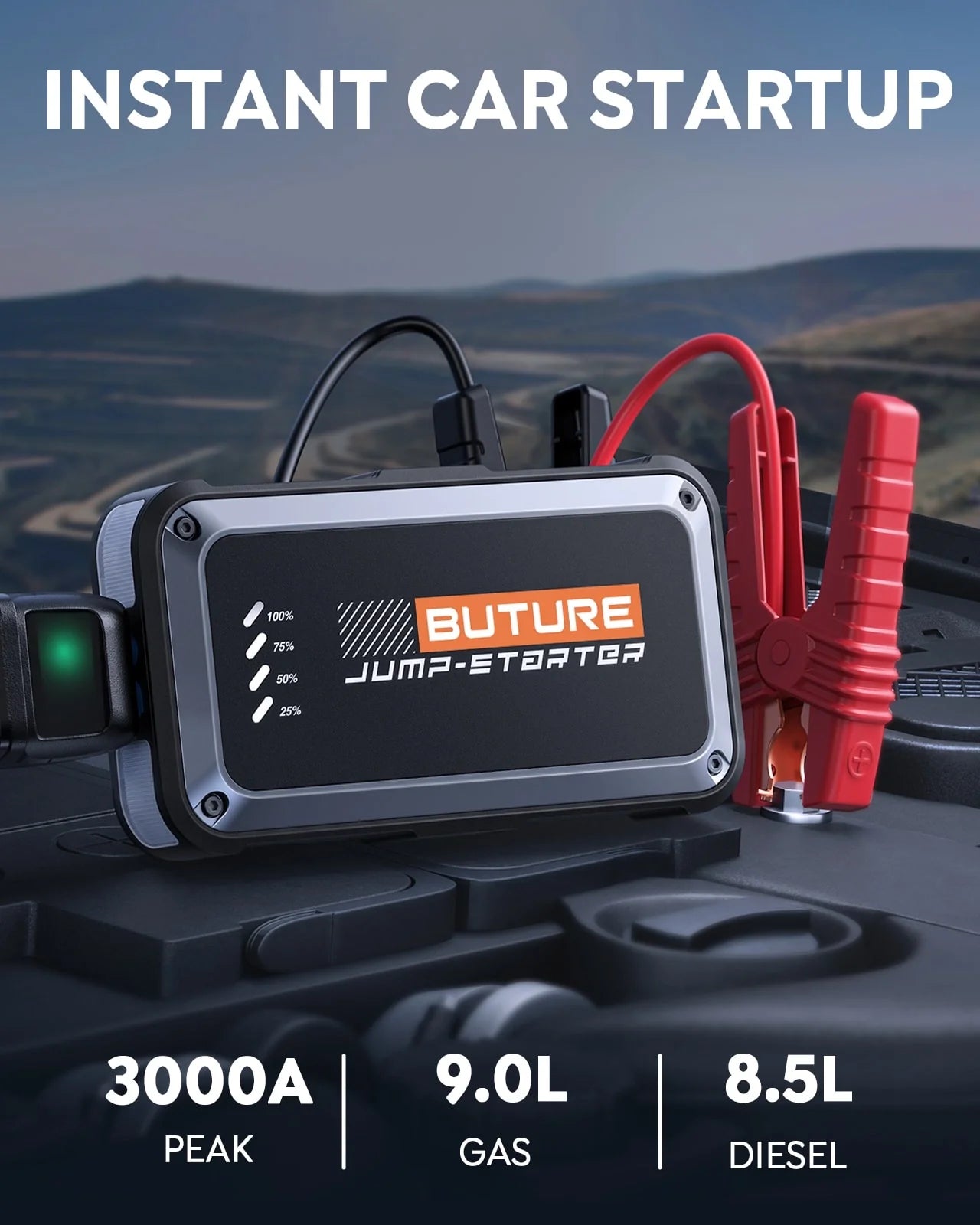 Buture Beta08 3000A Jump Starter | 16800mAh, 300-Lumen LED, 9.0L Gas & 8.5L Diesel