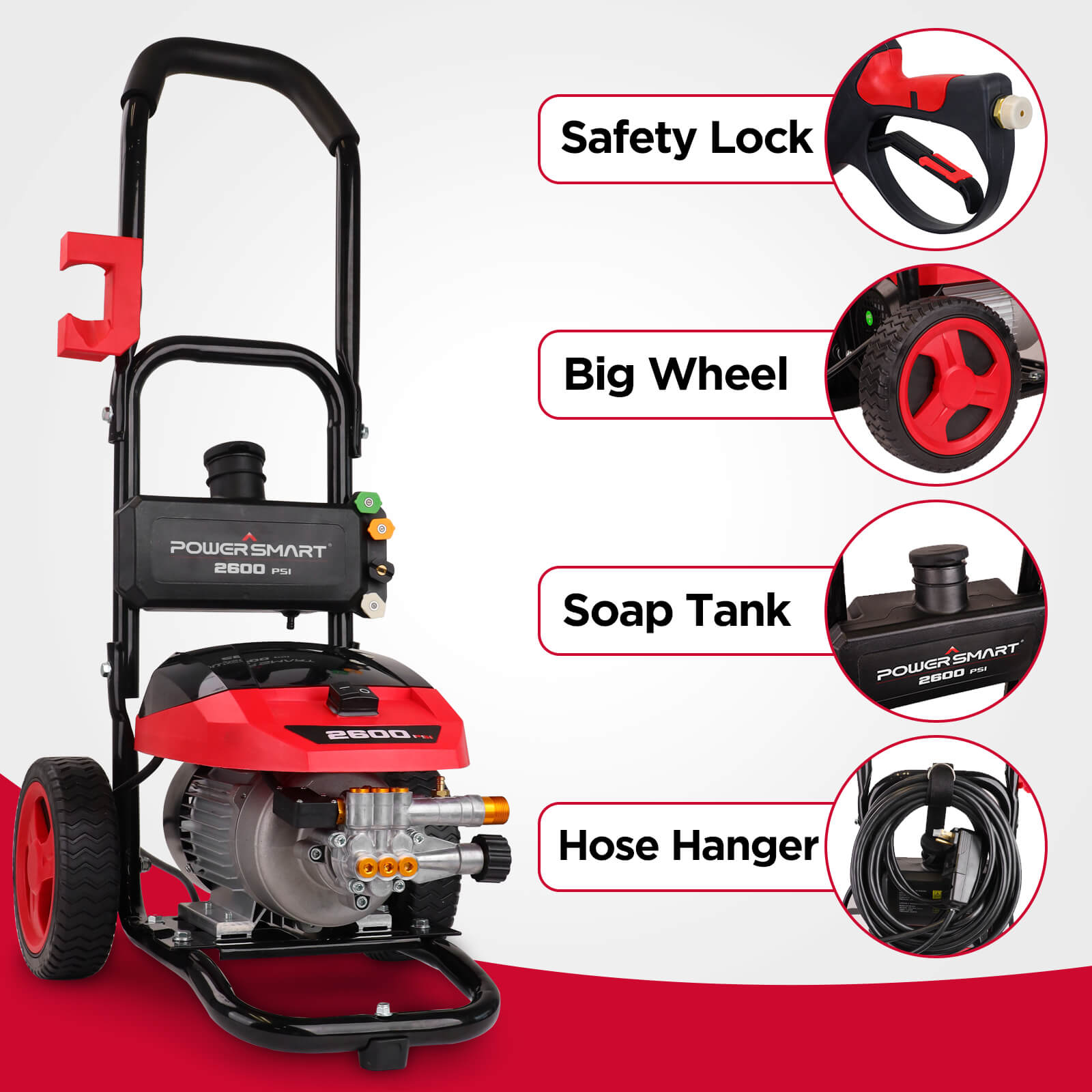 PowerSmart 2600PSI Electric Pressure Washer | 1.2 GPM, 5 Nozzles, 34-Ft Cord, IPX5, 12 Lbs