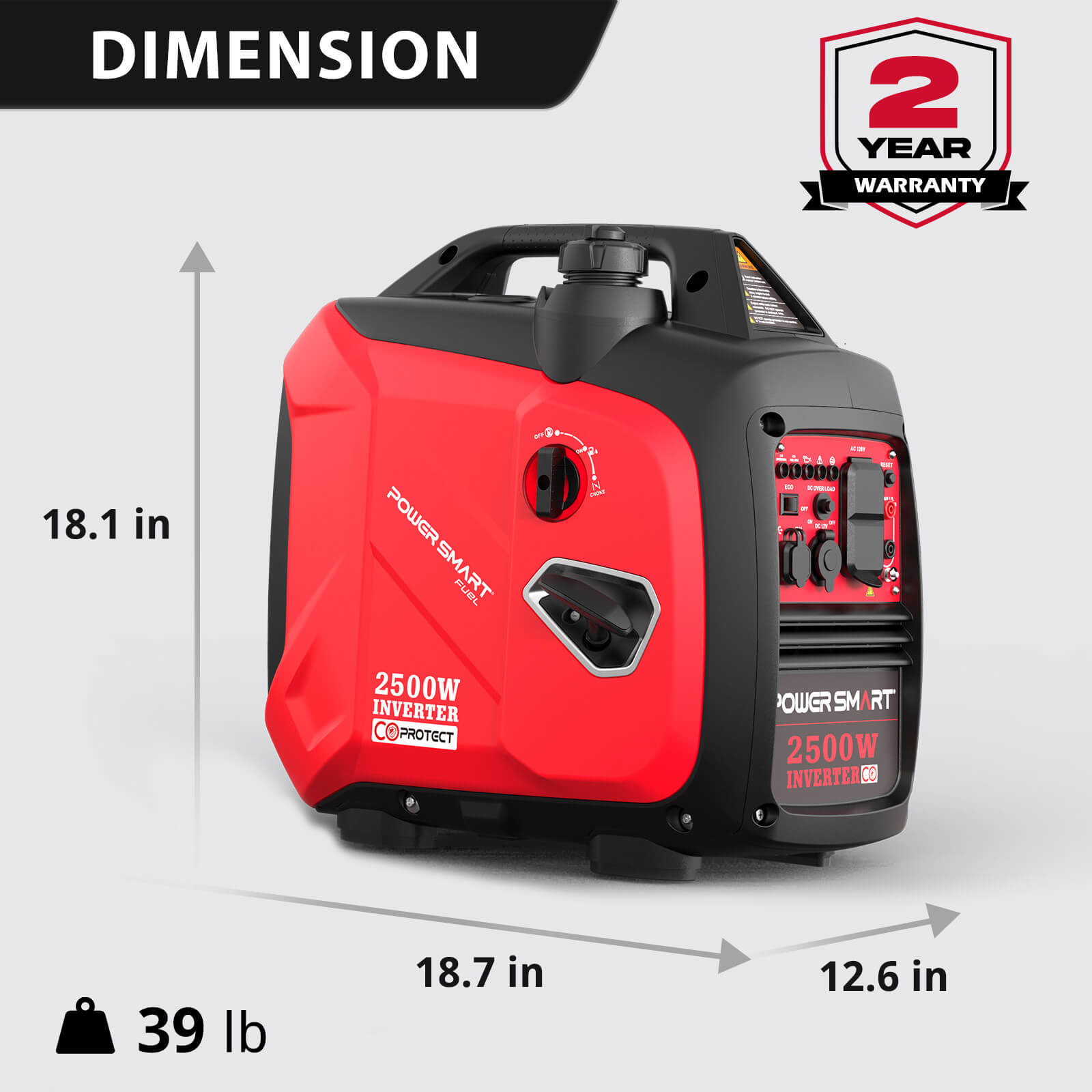 PowerSmart 2500W Inverter Generator | CO Auto Shut-Off, 56 dBA, Clean Power, Parallel Ready