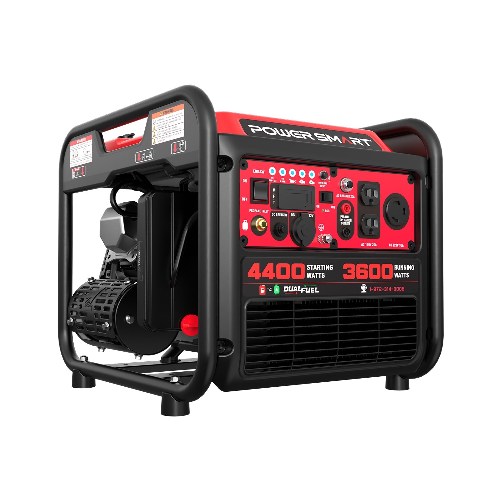 PowerSmart MB5040DC Dual Fuel Open Frame Inverter Generator | 4400W Gas / 4000W Propane, Electric Start, CO Alert