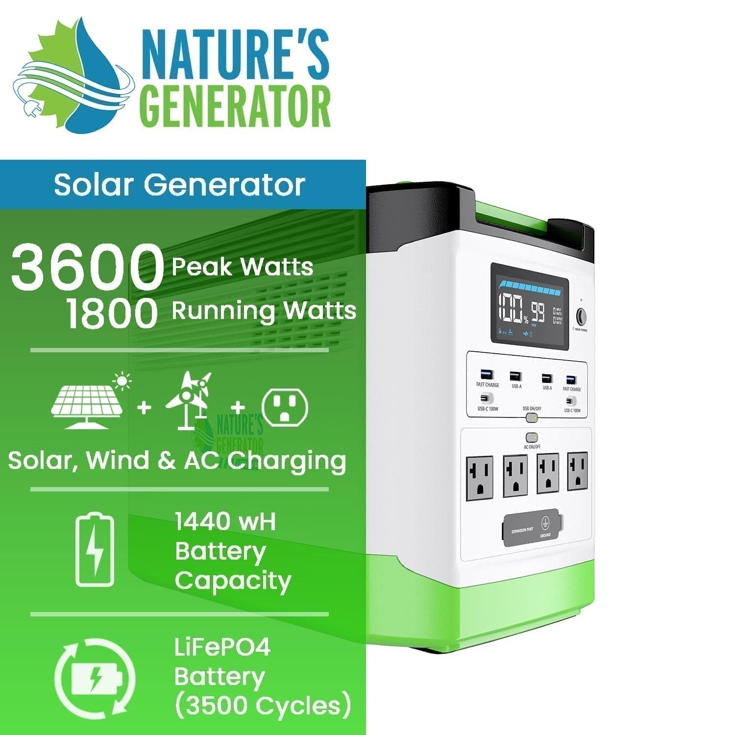 Nature's Generator Lithium 1800 Power Station | 1800W Pure Sine Wave, 1440Wh LiFePO₄, Expandable to 3600W