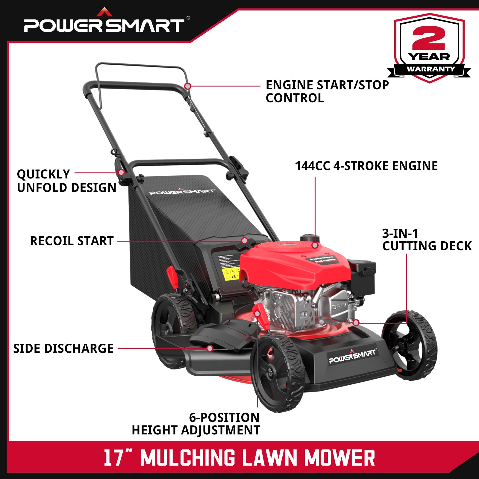 PowerSmart DV8618P 17" Gas Push Lawn Mower | 144cc OHV, 3-in-1, Steel Deck